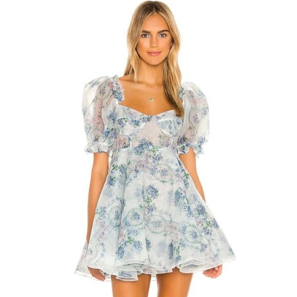 Selkie La Belle Étoile Parliament Dress Blue Floral Organza Puff Sleeve Mini 1X - Picture 2 of 12